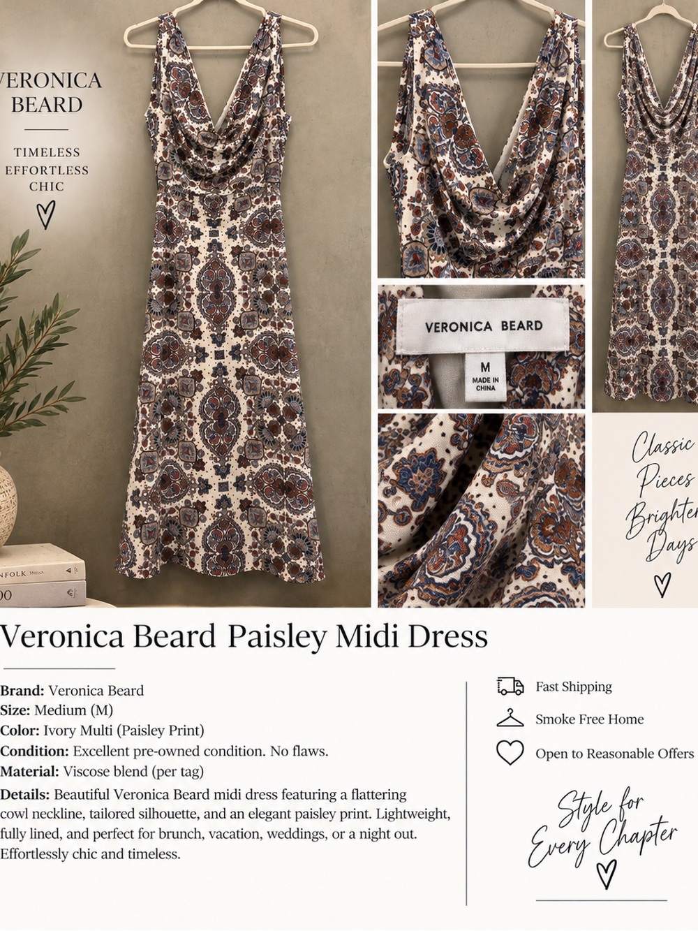 Veronica Beard Ivory Paisley Cowl Midi Dress